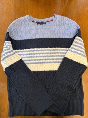 Tommy Hilfiger Striped Cable Knit Crewneck - Light Blue, Navy & Cream